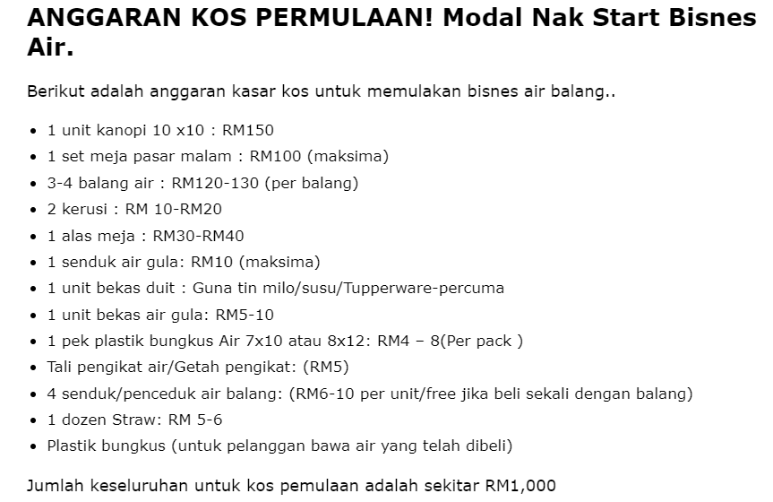 Kos sebenar Modal Nak Start Bisnes Air 